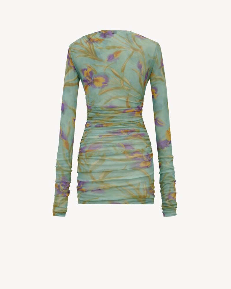 ruched mini dress in floral tulle jersey